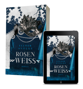 Foto des Romans Rosenweiß von Elenor Avelle. Auf dem Cover ist eine weiße, rissige Brücke zu sehen, um die sich eine schwarze Maske schlingt. Unten ist ein Steinweg, an der Seite ein Vorhang und im Hintergrund ein Mangrovensumpf.